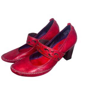 Indigo Cranberry Red Leather Mary Jane Heels Cut Out Strap Steampunk Boho Cottag